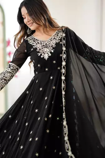 Black Color Embroidery Rainbow Sequence With Moti Work  Faux Georgette Gown Set