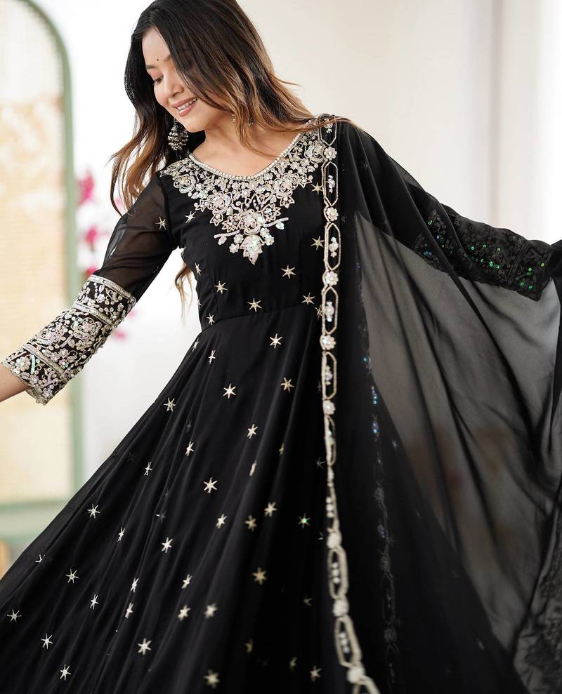 Black Color Embroidery Rainbow Sequence With Moti Work  Faux Georgette Gown Set