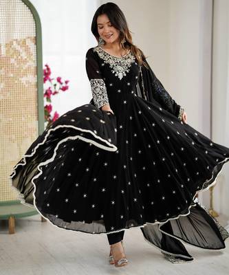 Black Color Embroidery Rainbow Sequence With Moti Work  Faux Georgette Gown Set 2
