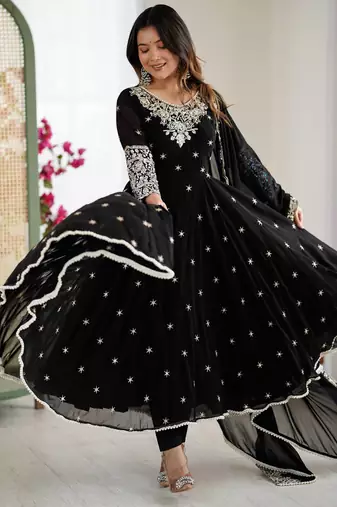 Black Color Embroidery Rainbow Sequence With Moti Work  Faux Georgette Gown Set