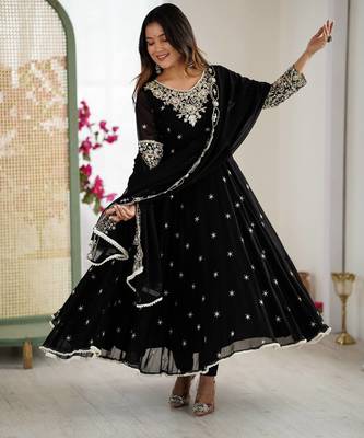 Black Color Embroidery Rainbow Sequence With Moti Work  Faux Georgette Gown Set 3