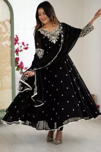Black Color Embroidery Rainbow Sequence With Moti Work  Faux Georgette Gown Set