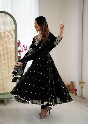 Black Color Embroidery Rainbow Sequence With Moti Work  Faux Georgette Gown Set 4