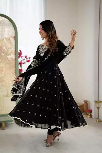 Black Color Embroidery Rainbow Sequence With Moti Work  Faux Georgette Gown Set