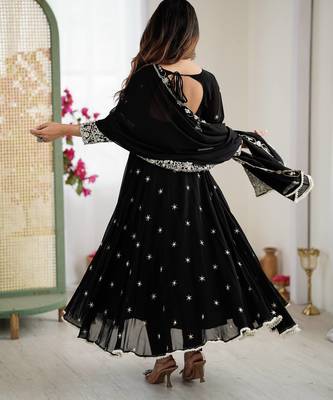 Black Color Embroidery Rainbow Sequence With Moti Work  Faux Georgette Gown Set 5
