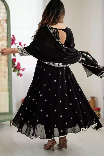 Black Color Embroidery Rainbow Sequence With Moti Work  Faux Georgette Gown Set