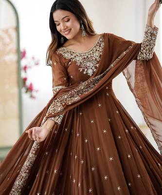 Brown Color Embroidery Rainbow Sequence With Moti Work  Faux Georgette Gown Set 2
