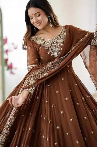 Brown Color Embroidery Rainbow Sequence With Moti Work  Faux Georgette Gown Set