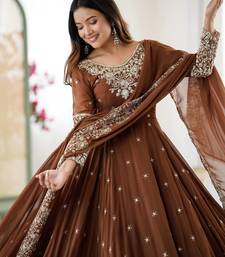 Brown Color Embroidery Rainbow Sequence With Moti Work  Faux Georgette Gown Set