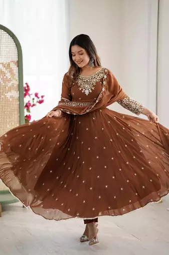 Brown Color Embroidery Rainbow Sequence With Moti Work  Faux Georgette Gown Set
