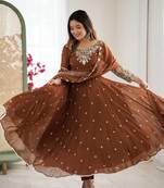 Brown Color Embroidery Rainbow Sequence With Moti Work  Faux Georgette Gown Set