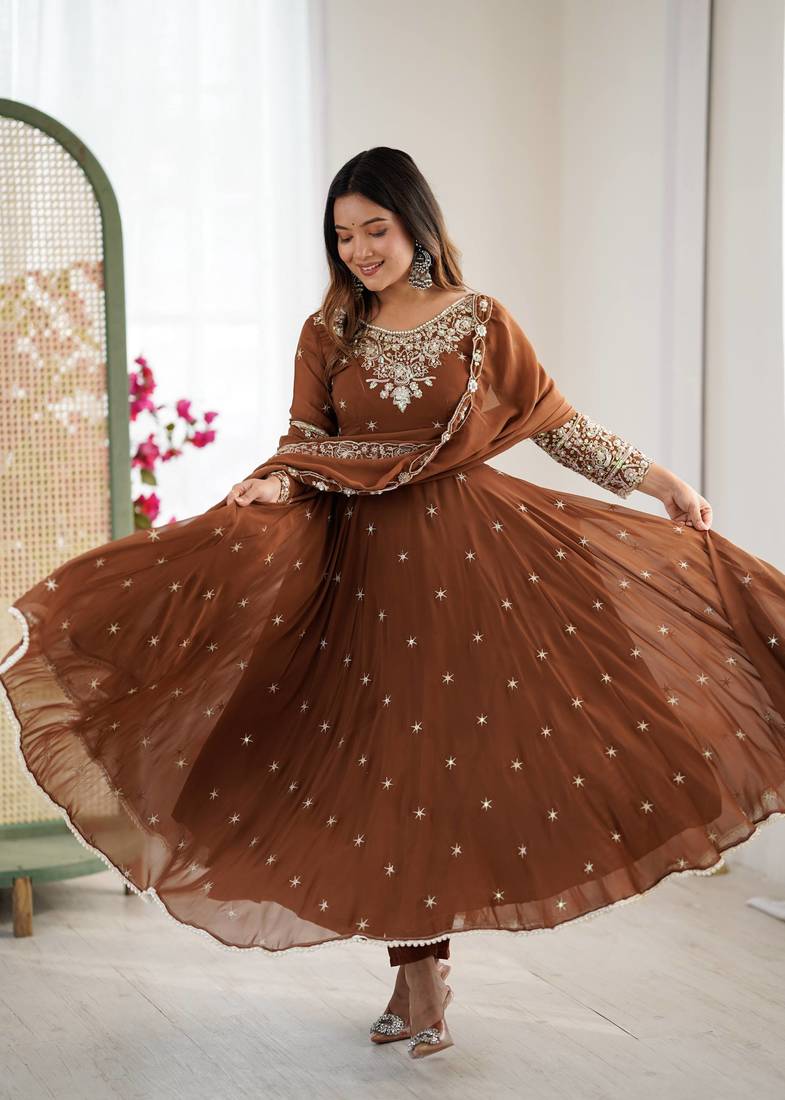 Brown Color Embroidery Rainbow Sequence With Moti Work  Faux Georgette Gown Set