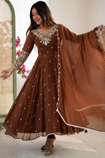 Brown Color Embroidery Rainbow Sequence With Moti Work  Faux Georgette Gown Set