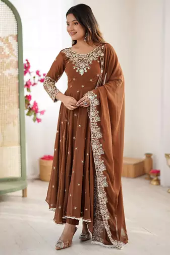 Brown Color Embroidery Rainbow Sequence With Moti Work  Faux Georgette Gown Set