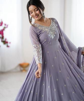 Lavender Color Embroidery Rainbow Sequence With Moti Work  Faux Georgette Gown Set 2