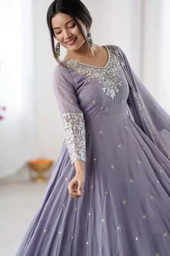 Lavender Color Embroidery Rainbow Sequence With Moti Work  Faux Georgette Gown Set