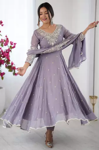 Lavender Color Embroidery Rainbow Sequence With Moti Work  Faux Georgette Gown Set