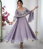 Lavender Color Embroidery Rainbow Sequence With Moti Work  Faux Georgette Gown Set