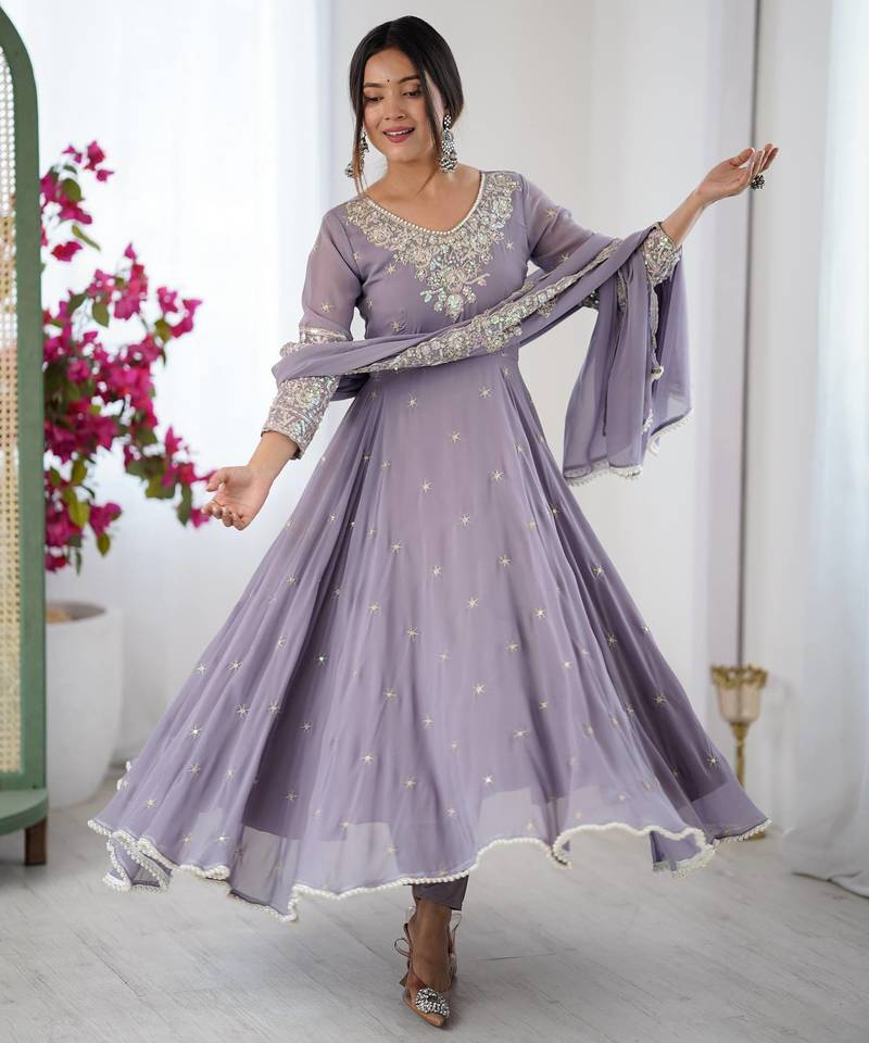 Lavender Color Embroidery Rainbow Sequence With Moti Work  Faux Georgette Gown Set