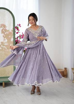 Lavender Color Embroidery Rainbow Sequence With Moti Work  Faux Georgette Gown Set 4