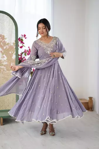 Lavender Color Embroidery Rainbow Sequence With Moti Work  Faux Georgette Gown Set