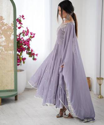 Lavender Color Embroidery Rainbow Sequence With Moti Work  Faux Georgette Gown Set 5