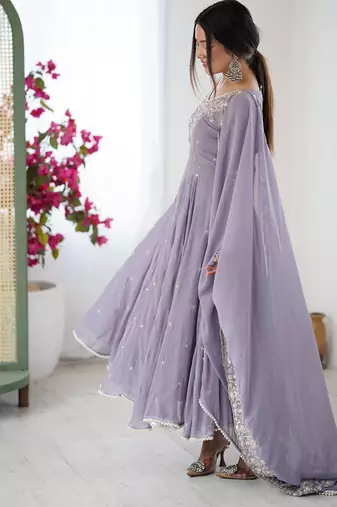 Lavender Color Embroidery Rainbow Sequence With Moti Work  Faux Georgette Gown Set