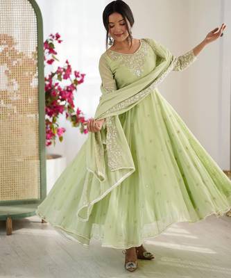 Light Green Color Embroidery Rainbow Sequence With Moti Work  Faux Georgette Gown Set 3