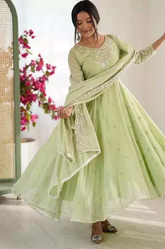 Light Green Color Embroidery Rainbow Sequence With Moti Work  Faux Georgette Gown Set