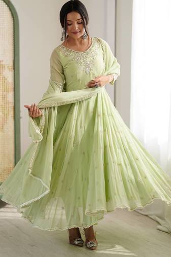 Light Green Color Embroidery Rainbow Sequence With Moti Work  Faux Georgette Gown Set