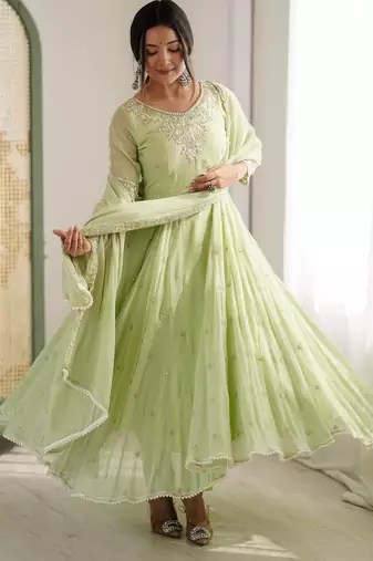 Light Green Color Embroidery Rainbow Sequence With Moti Work  Faux Georgette Gown Set