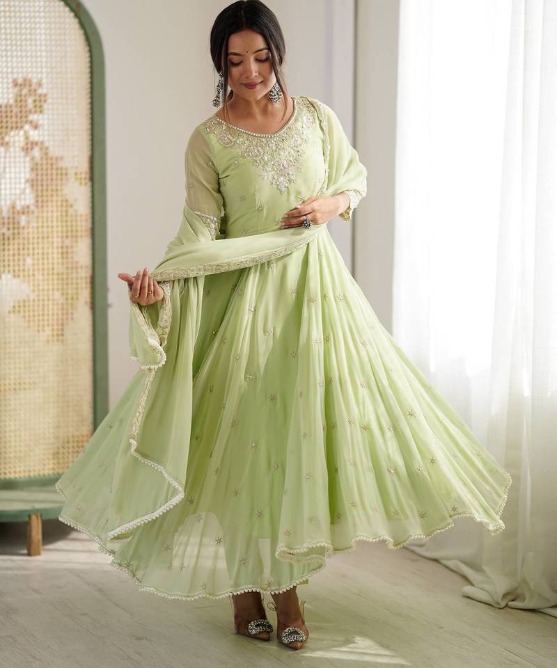 Light Green Color Embroidery Rainbow Sequence With Moti Work  Faux Georgette Gown Set