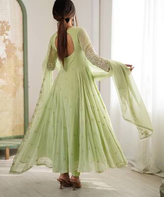 Light Green Color Embroidery Rainbow Sequence With Moti Work  Faux Georgette Gown Set 5