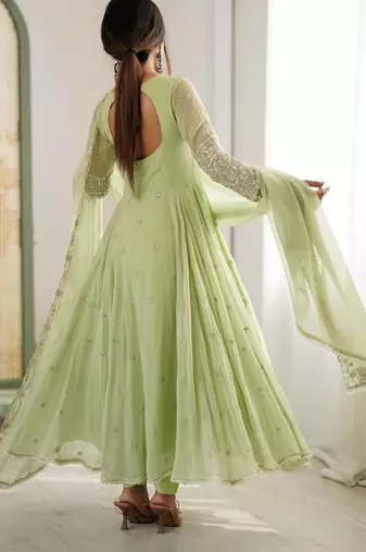 Light Green Color Embroidery Rainbow Sequence With Moti Work  Faux Georgette Gown Set