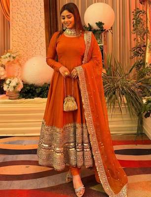 Orange Color codding sequence work gown set 1