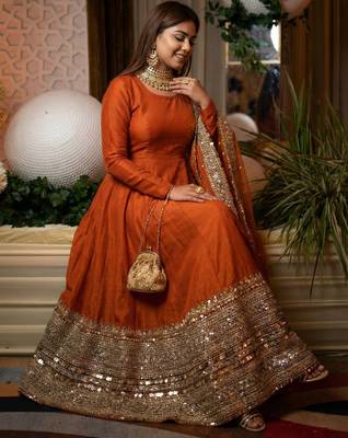 Orange Color codding sequence work gown set 2