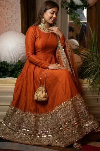Orange Color codding sequence work gown set