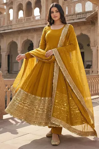 Yellow Color codding sequence work gown set