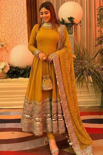 Yellow Color codding sequence work gown set