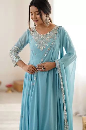 Sky Blue Color Embroidery Rainbow Sequence With Moti Work  Faux Georgette Gown Set