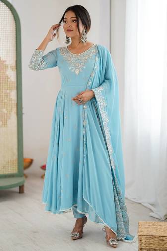 Sky Blue Color Embroidery Rainbow Sequence With Moti Work  Faux Georgette Gown Set