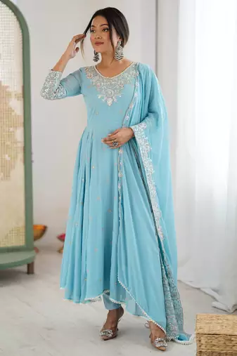 Sky Blue Color Embroidery Rainbow Sequence With Moti Work  Faux Georgette Gown Set