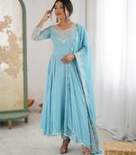 Sky Blue Color Embroidery Rainbow Sequence With Moti Work  Faux Georgette Gown Set