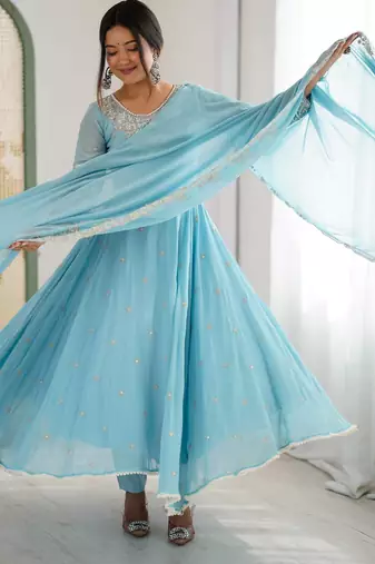 Sky Blue Color Embroidery Rainbow Sequence With Moti Work  Faux Georgette Gown Set