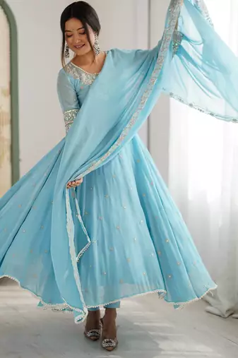 Sky Blue Color Embroidery Rainbow Sequence With Moti Work  Faux Georgette Gown Set