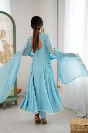 Sky Blue Color Embroidery Rainbow Sequence With Moti Work  Faux Georgette Gown Set