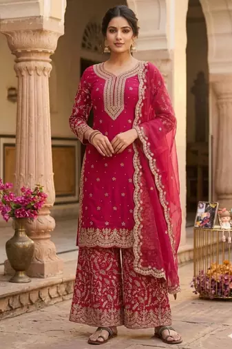 Red heavy embroidered sharara set
