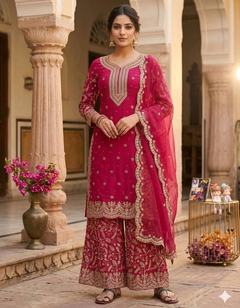 Red heavy embroidered sharara set
