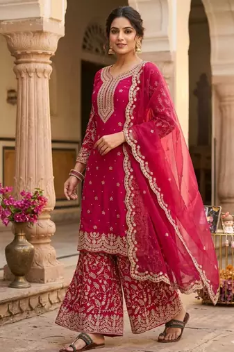 Red heavy embroidered sharara set