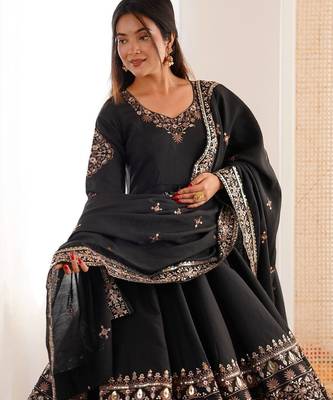 Black Color Embroidery Sequence Work Roman Silk Gown Set 2